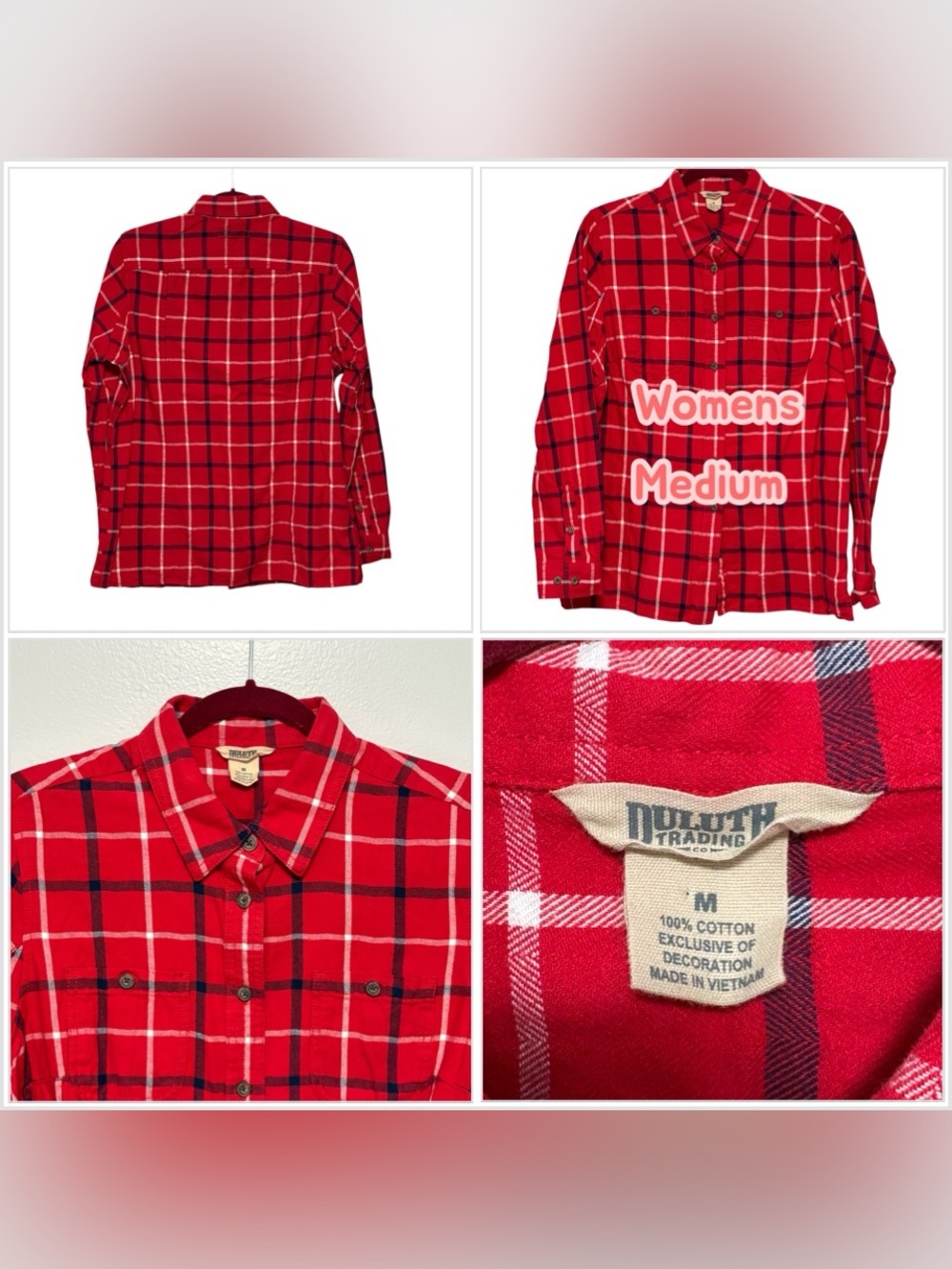 Women’s Duluth Trading Medium Shirt Plaid Red Blue White Long Sleeve Button